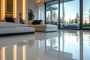 A modern living room with white sofa and shiny floor