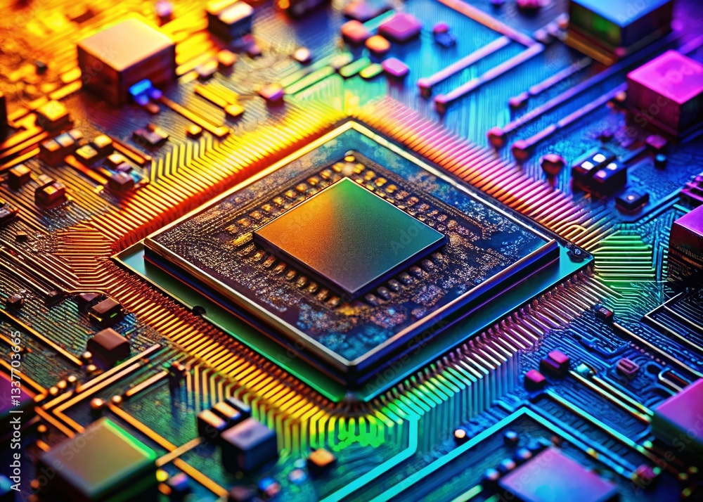 Poster macro shot of computer chip: networking & systems technology