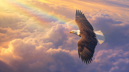 eagle flying above the clouds with sunlight and rainbow view