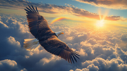 eagle flying above the clouds with sunlight and rainbow view