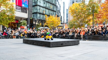 Obraz premium Colorful Object on Platform Observed by Crowd in Urban Setting