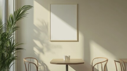 Minimalist caf? interior with a blank frame on the wall, sunlight casting shadows, and a potted plant nearby