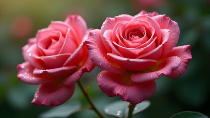 Close up of two pink roses with water droplets on their petals in a garden setting outdoors