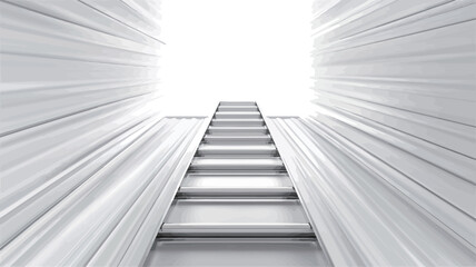 Obraz premium A digitally rendered image depicts a staircase receding into a bright white light. The staircase is composed of uniformly sized, white steps, set within walls of parallel white lines that converge