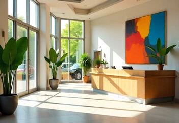 Fototapeta premium Stylish office lobby with warm wooden paneling and modern white furniture, offering a welcoming and professional environment