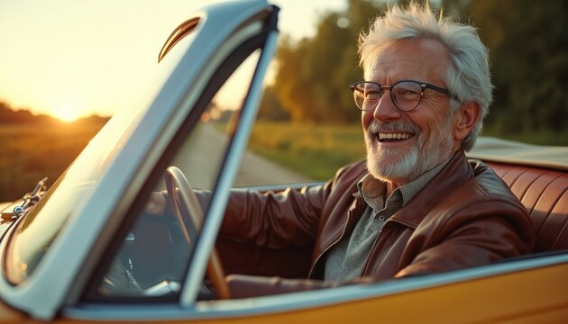 Portrait of happy senior man driving vintage cabriolet car on countryside road at sunset. Mature male smiles in classic convertible vehicle. Active retirement lifestyle, road trip, freedom travel