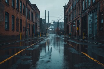 Naklejka premium Wet city street captured between industrial brick buildings on a cloudy day