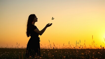 Fototapeta premium Ethereal Sunset Moment A Woman and Butterfly in Harmony 