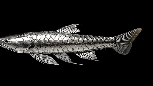 Silver Fish Sculpture Against Black Background