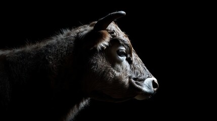 Fototapeta premium Profile of a cow illuminated against a dark backdrop