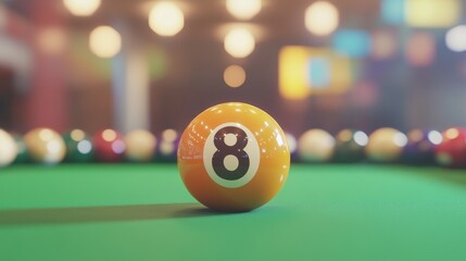 Close-up of an eight ball on a green pool table with colorful balls in the background, set in a vibrant bar atmosphere