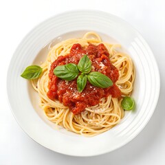 A plate of steaming spaghetti pasta topped with vibrant red tomato sauce and garnished with fresh green basil served on a white plate with a completely white background."