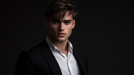 Obraz premium Young man in formal attire against dark backdrop