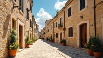 Fototapeta premium Scenic narrow alleyways with old stone walls in Matera Italy. Cobbled street road through charming historic european architecture. Picturesque traditional rustic mediterranean cultural travel