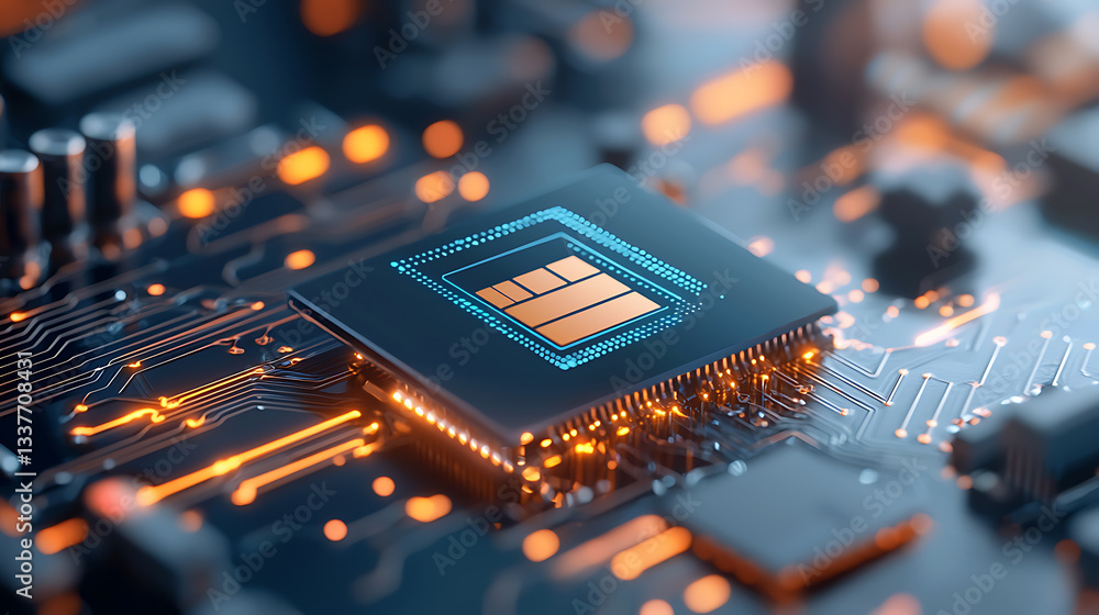 Poster innovative technology event showcasing microchip advancements in a high-tech environment