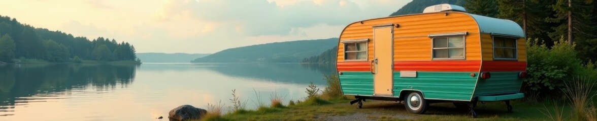 Retro camper trailer parked by lake, displaying classic design details, water, door