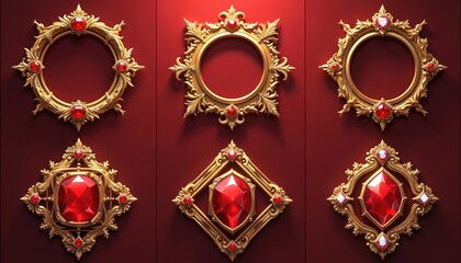 Medieval golden fantasy frames set with gem stones on red background. Gold metal circle and square avatar borders with flourish deco ornament and diamonds for game design.
