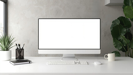 Fototapeta premium Minimalist workspace with blank monitor and coffee cup, modern aesthetic, perfect for showcasing designs or productivity themes.