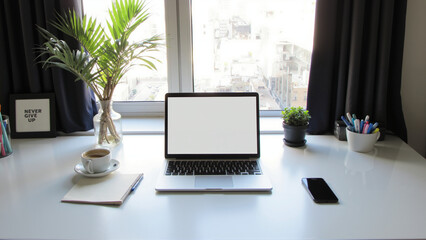 Minimalist workspace setup, sleek laptop with blank screen, clean desk with plant and accessories,...