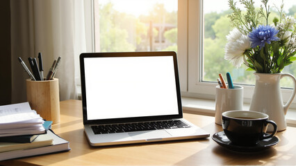 Cozy workspace with laptop, bright natural light, potted plants, inviting atmosphere, perfect for remote work or studying.