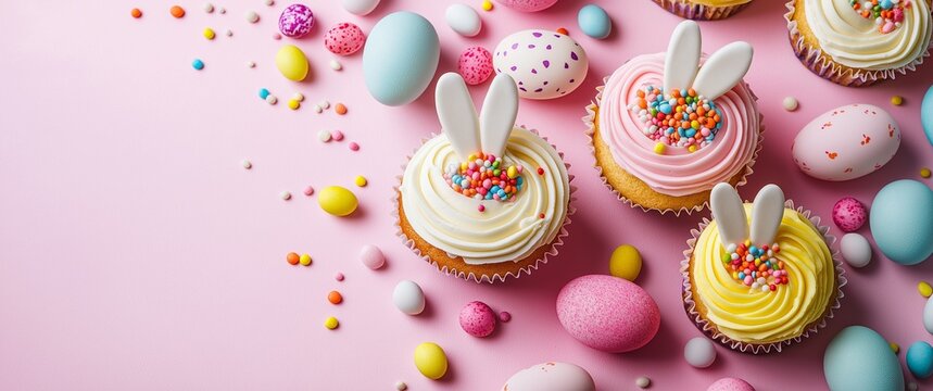 Happy Easter concept. Easter candy eggs, cupcakes and sweets isolated on trendy pastel background. Cute template for design with plase for trext. Flat lay top view copy space banner