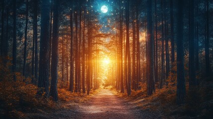 Obraz premium Enchanting Moonlit Forest Path A Magical Journey Through Nature