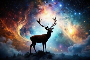 Naklejka premium Majestic Deer Silhouette Double Exposure - Mystical Forest Night Photography