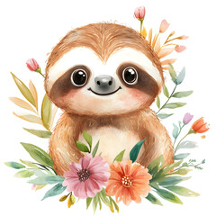 Obraz premium Adorable Sloth Surrounded by Watercolor Flowers