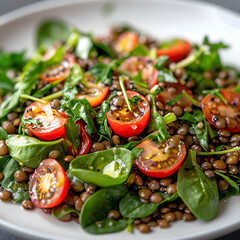 Closeup of hearty lentil salad with spinach cherry tomatoes olive oil and fresh herbs on a white plate  
