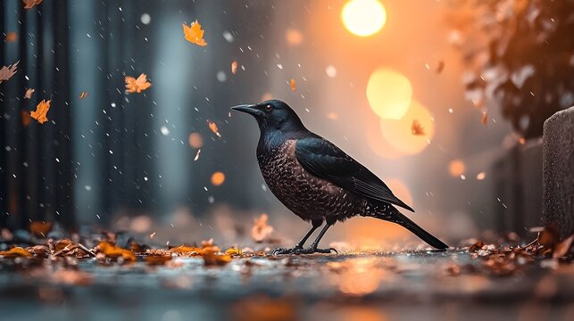 Striking image of a great tailed grackle standing boldly on a city sidewalk its glossy black feathers shimmering under the glow of neon lights exuding a sense of confidence and urban adaptation