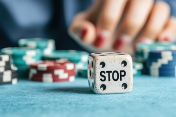 Stop gambling dice with casino chips on green table