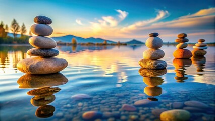 Obraz premium Serene water-covered pebbles arranged in harmony with balancing rocks, creating a sense of equilibrium and balance amidst nature's tranquility , peaceful, landscape
