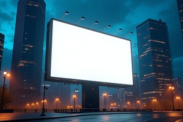Blank white billboard standing in urban cityscape at night with modern skyscrapers and glowing lights