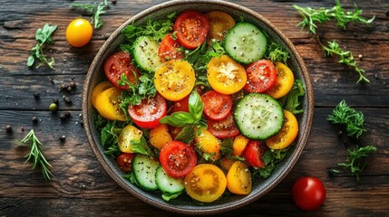 Fresh vegetable salad in bowl. Ripe tomatoes, cucumbers, and leafy greens