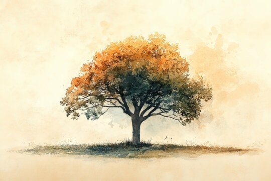 A watercolor painting of a lone tree on open land