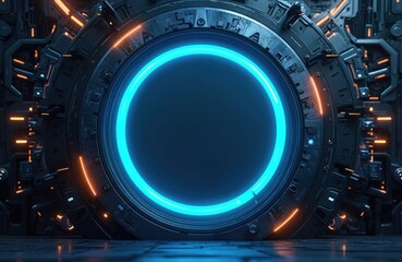 Neon blue circle with orange light on hi-tech futuristic cybernetic background. Concept of future tech, science, energy, progress. Ideal for innovation, cyberspace, data science projects.