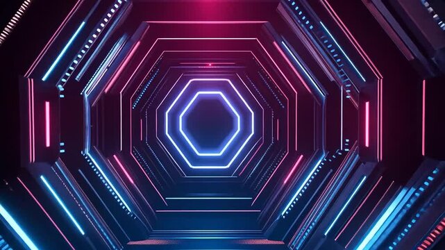 Abstract neon octagon tunnel with glowing lights.