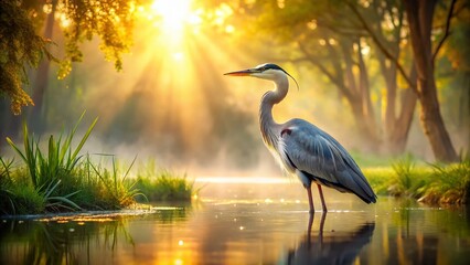Naklejka premium Majestic Heron in Soft Focus, Nature Wildlife Photography, Bokeh Background
