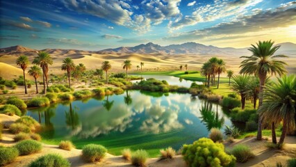 Serene green haven amidst vast desert expanse, peaceful, oasis,  peaceful, oasis, vegetation