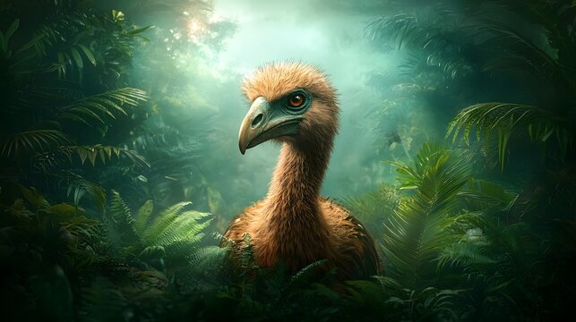 Majestic moa a giant flightless bird wandering through dense prehistoric foliage in a lush natural landscape  This image captures the essence of a bygone era
