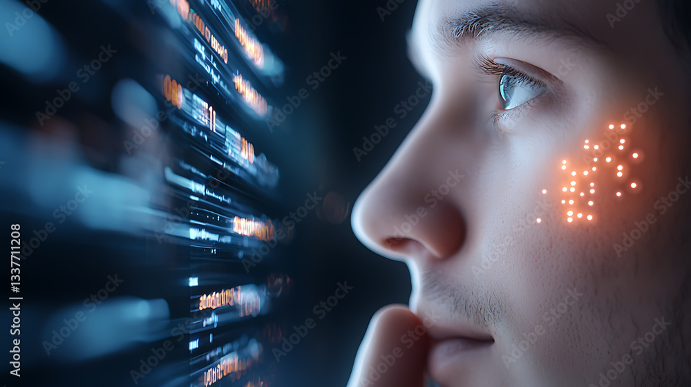 Aufkleber analyzing digital data flow man engaged with technology in a high-tech environment close-up perspect