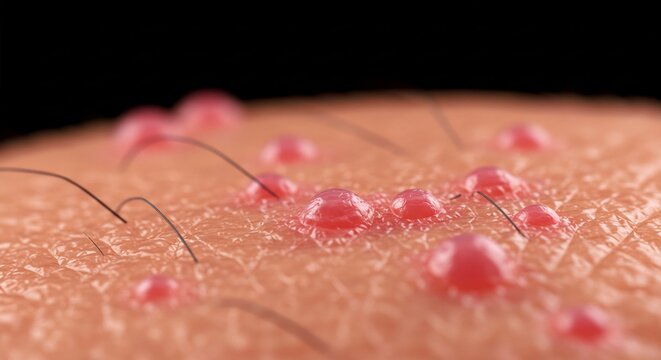  Microscopic Close-up of Human Skin Affected by Folliculitis, Showing Inflamed Hair Follicles and Pustules, Medical Dermatology Illustration