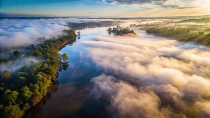 Fototapeta premium Dense fog rolls in over the Nepean River as a lone drone captures its eerie mist-shrouded waters from above, revealing hidden dangers and unseen threats, aerial view, water hazards
