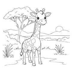 Fototapeta premium Cute giraffe in savana illustration for coloring book