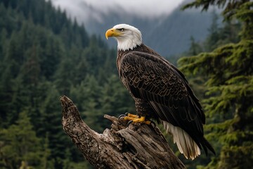 Majestic bald eagle perched atop a weathered log, overlooking a lush forest