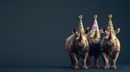 Naklejka premium Rhino celebrates birthday or carnival by wearing party hat, AI generated image