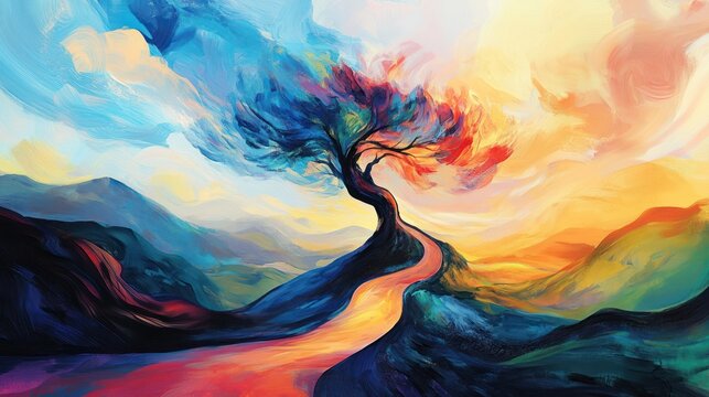 A vibrant, surreal landscape painting featuring a twisting tree on a winding path through a mountainous region.  Colors blend seamlessly, creating a sense of movement and transformation