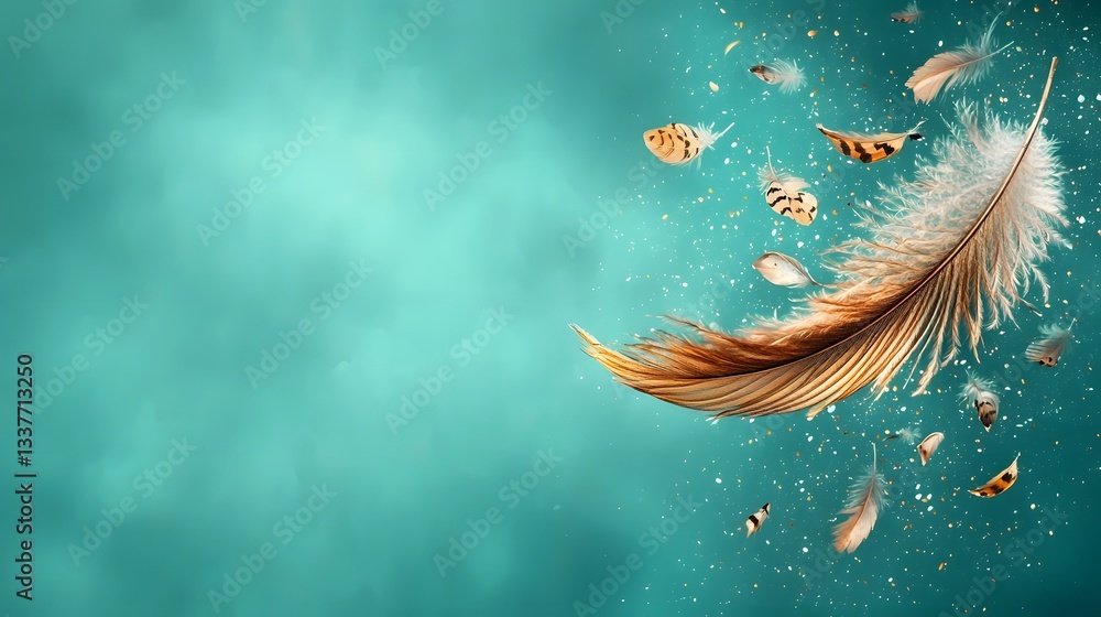 Poster minimalist image of a single feather floating gently in the air surrounded by soft dreamy lighting a