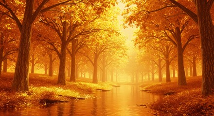 Fototapeta premium Golden Autumn Serenity: Magical Stream Meandering Through a Sunlit Canopy of Amber-Hued Fall Foliage in an Enchanting Forest Landscape