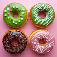 4 different donuts on a pink background
